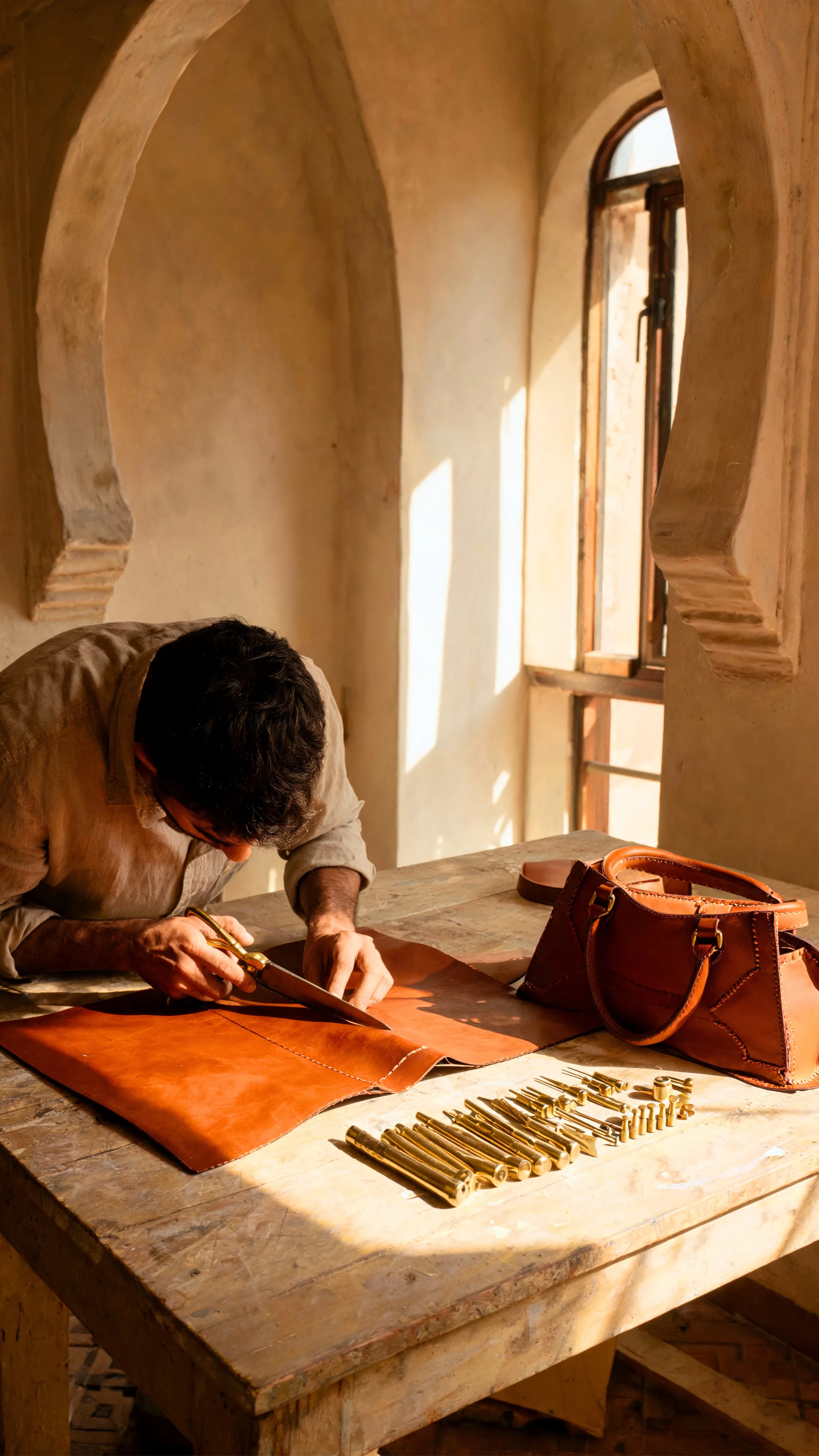 An artisan working leather at a bench beneath an arched window