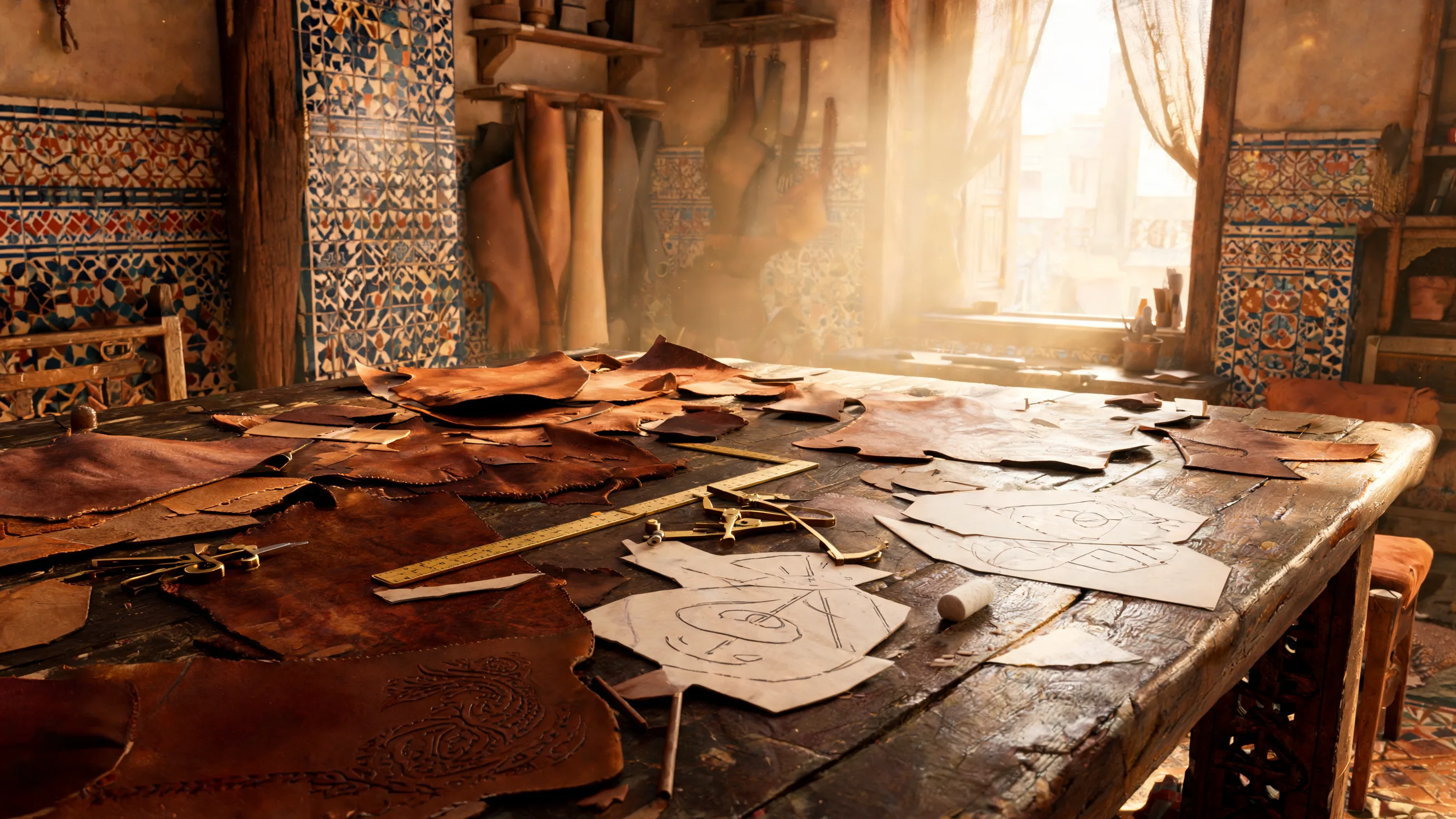 The workbench — cut hides, paper patterns, a brass square, zellige walls in window light
