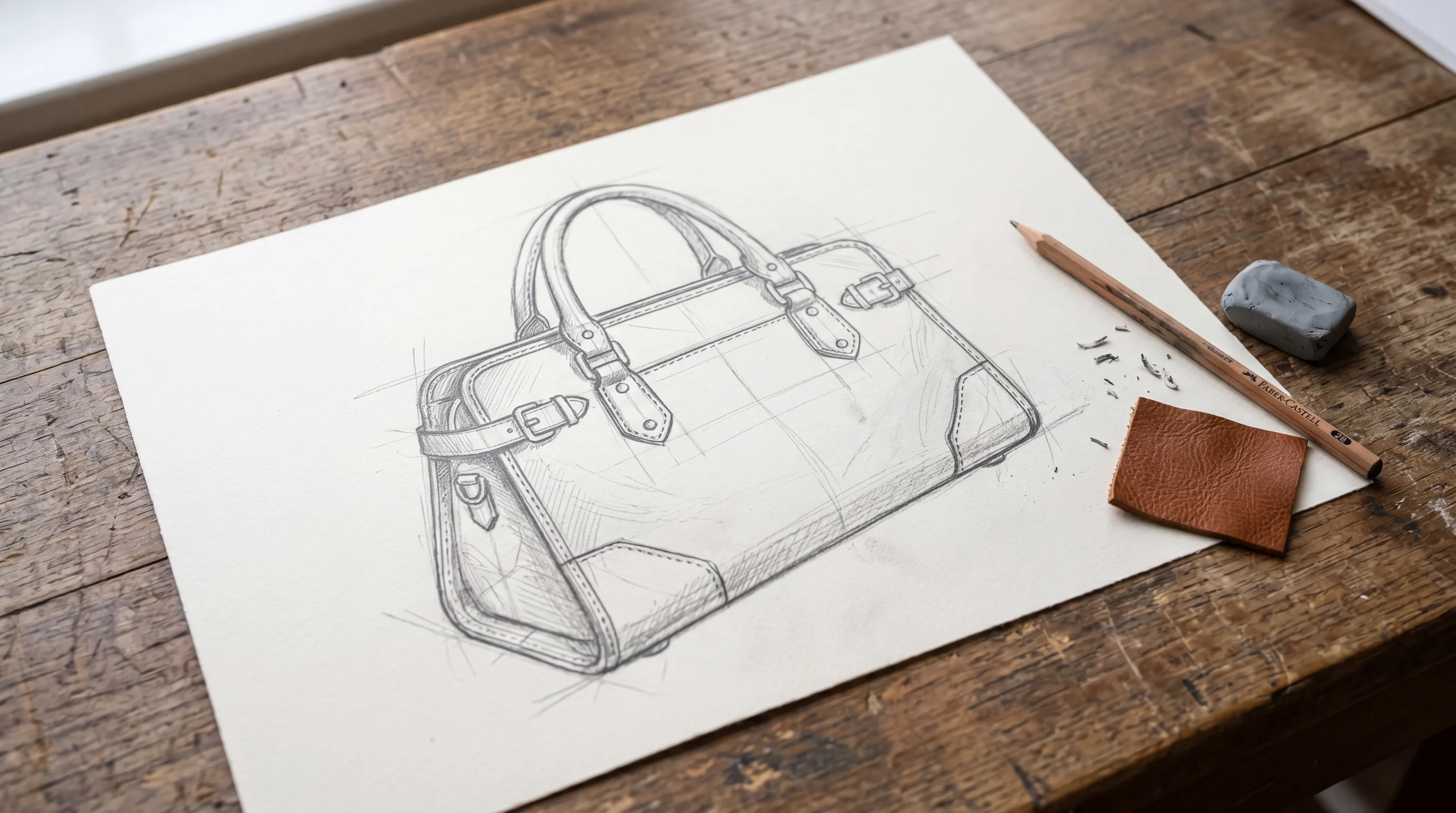 A pencil drawing of the Classic Cognac Satchel on the drafting table