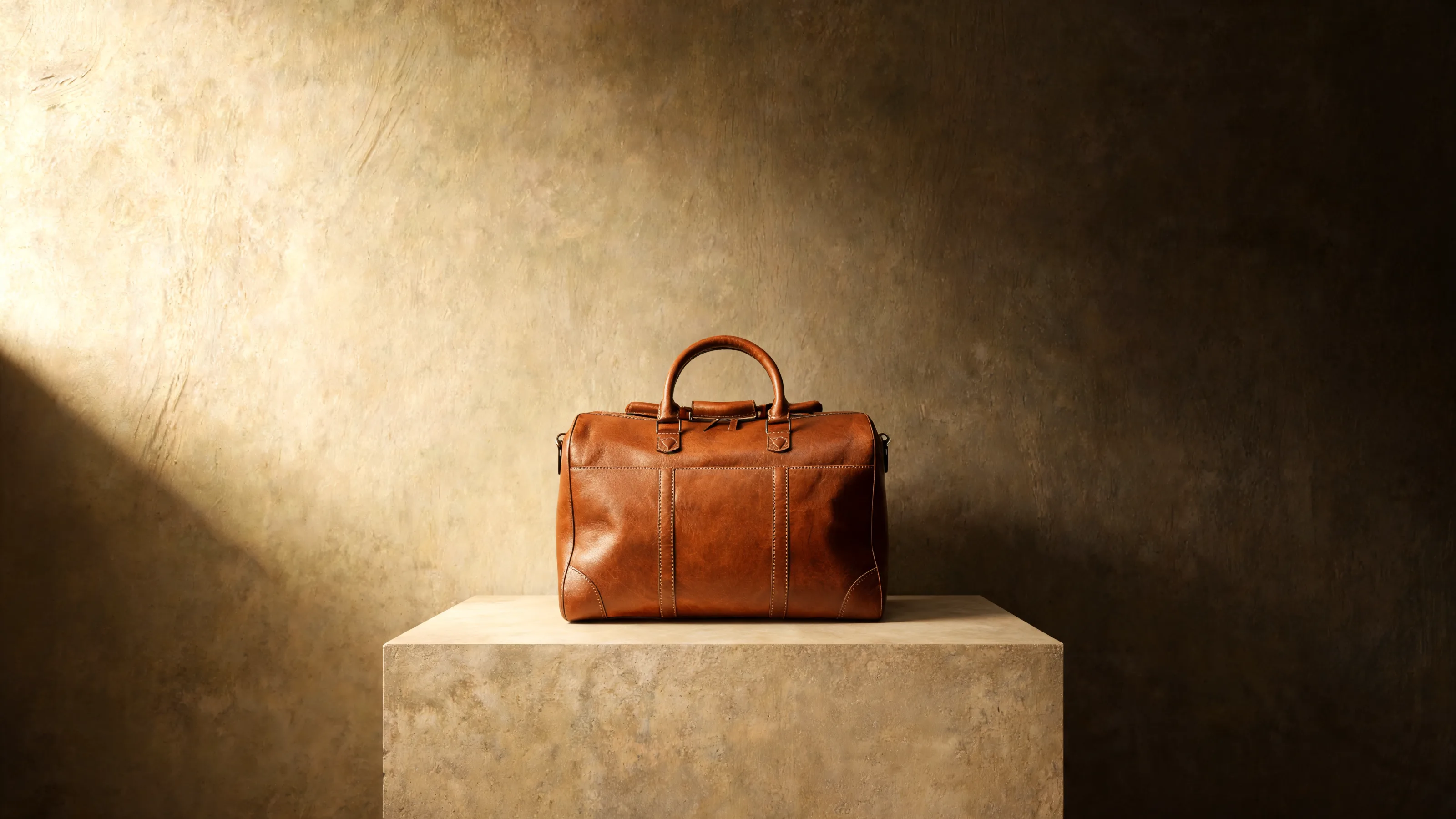 A single cognac duffle on a travertine plinth in one pool of golden light against a dark wall