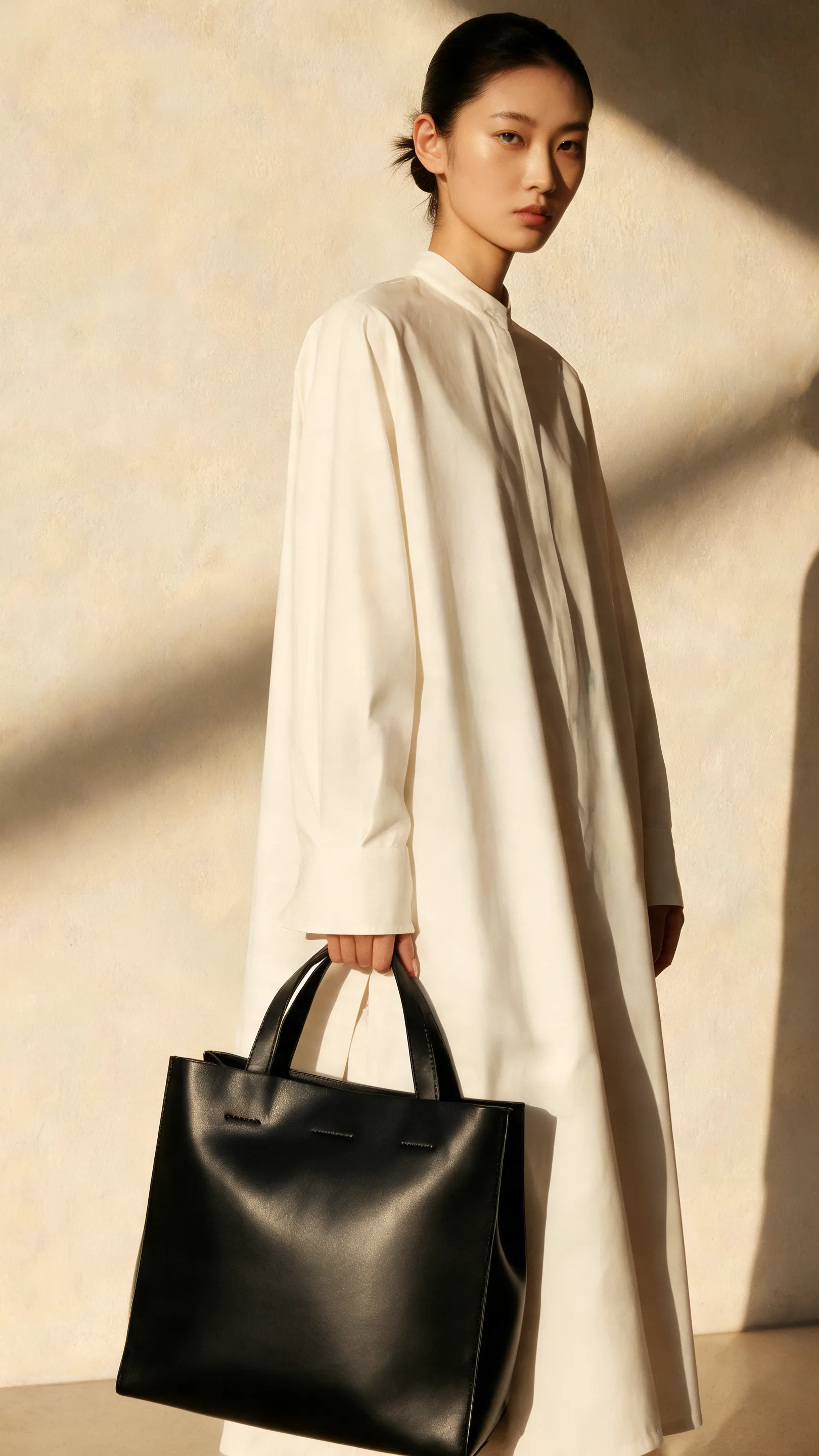 A model in a cream shirt-dress holding the Medina Zigzag Tote in noir against a sunlit plaster wall