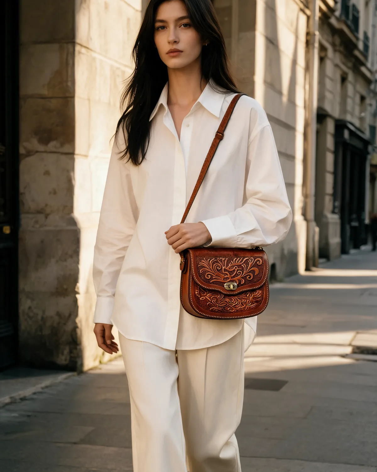 The tooled cognac saddlebag worn crossbody on a limestone street in morning light