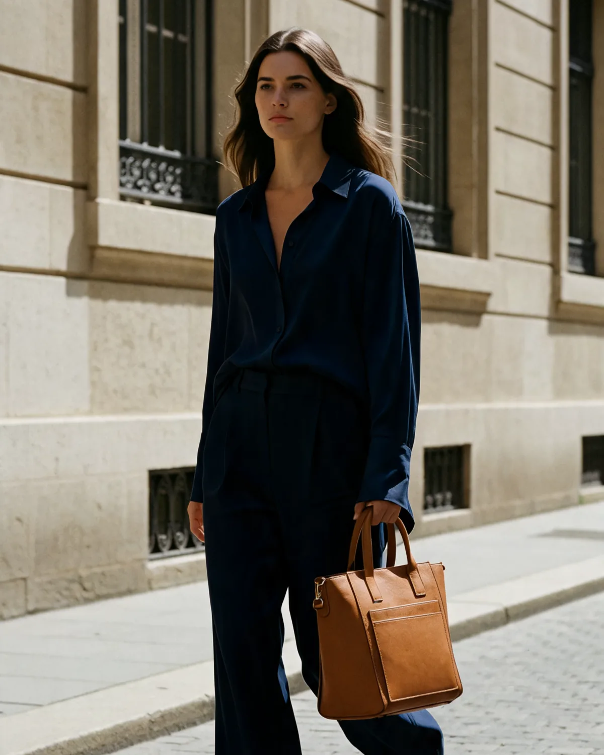 A model in navy carrying the camel tote past sunlit stone facades