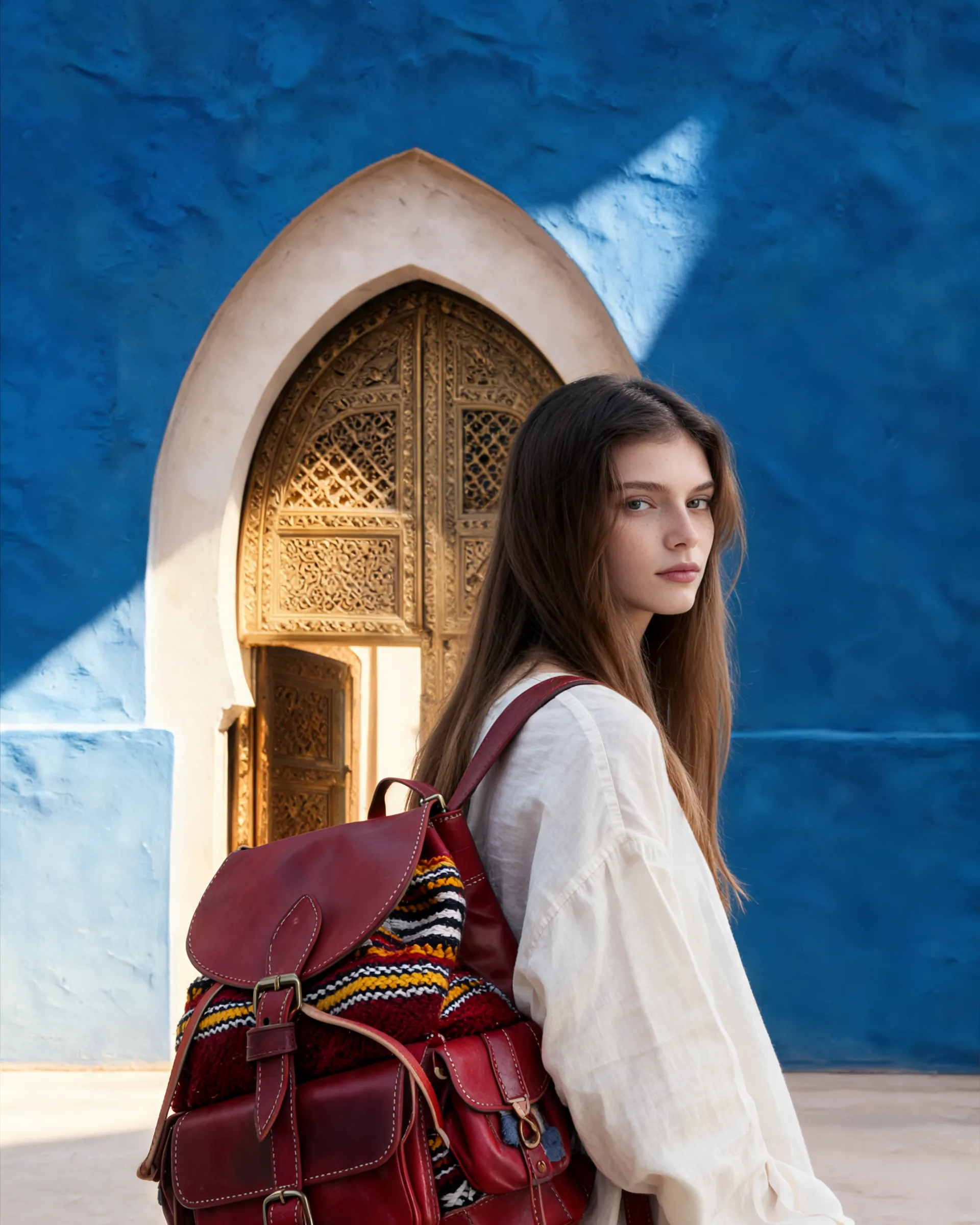A model carrying a red kilim-trimmed leather rucksack before a golden carved door set in a Majorelle-blue wall