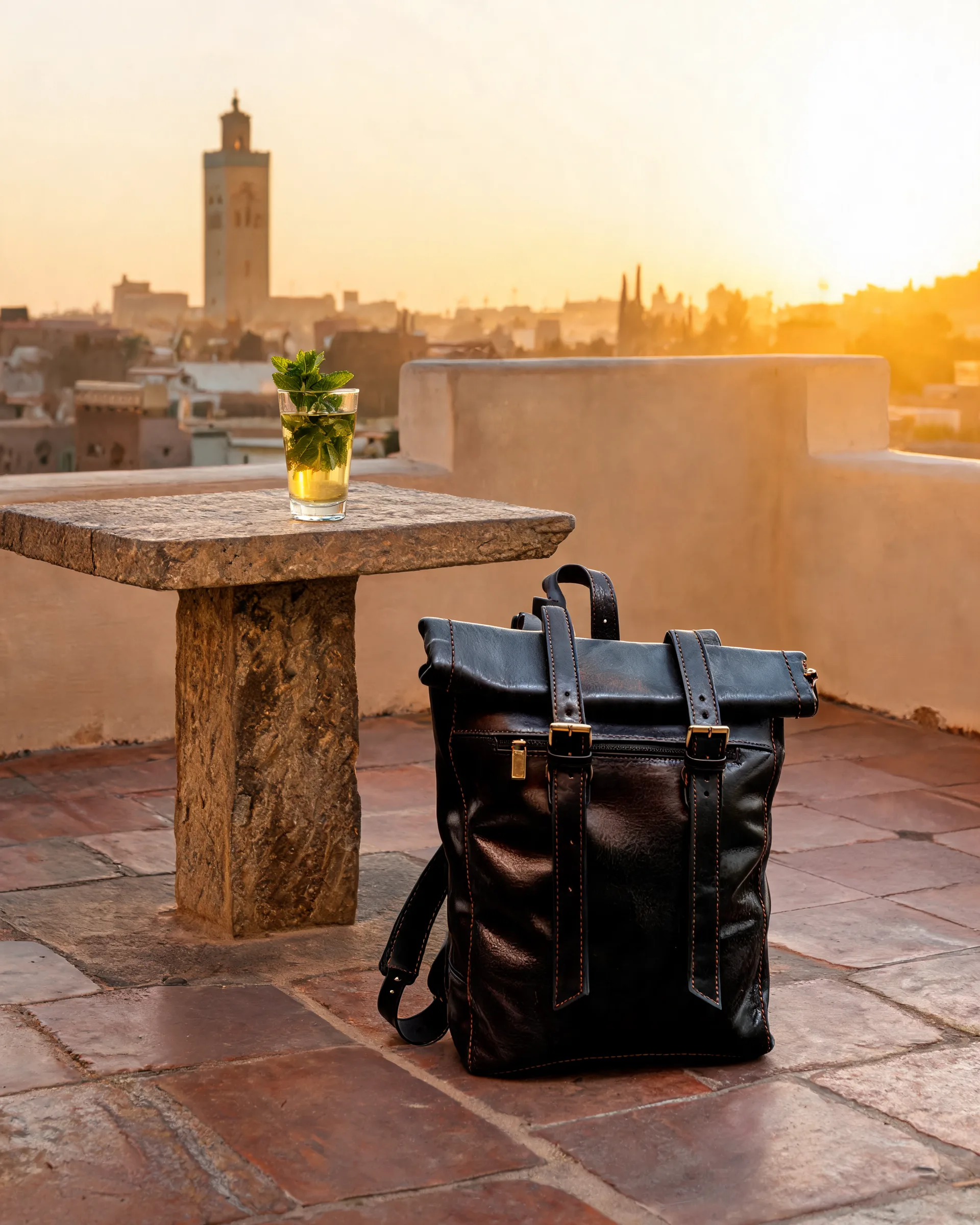 A black rolltop backpack at the same rooftop table in the last warm light, mint tea waiting