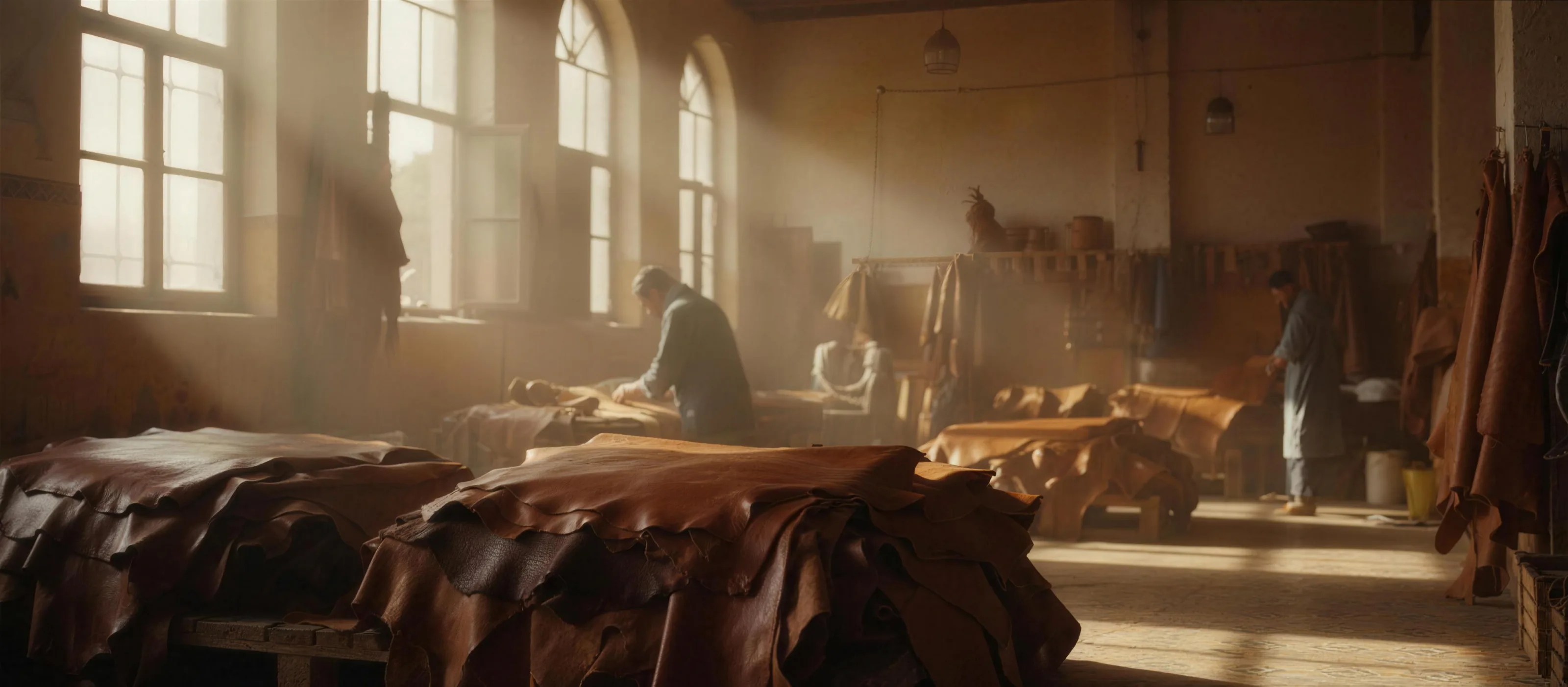 The atelier at work — benches, hides and tools in honest daylight