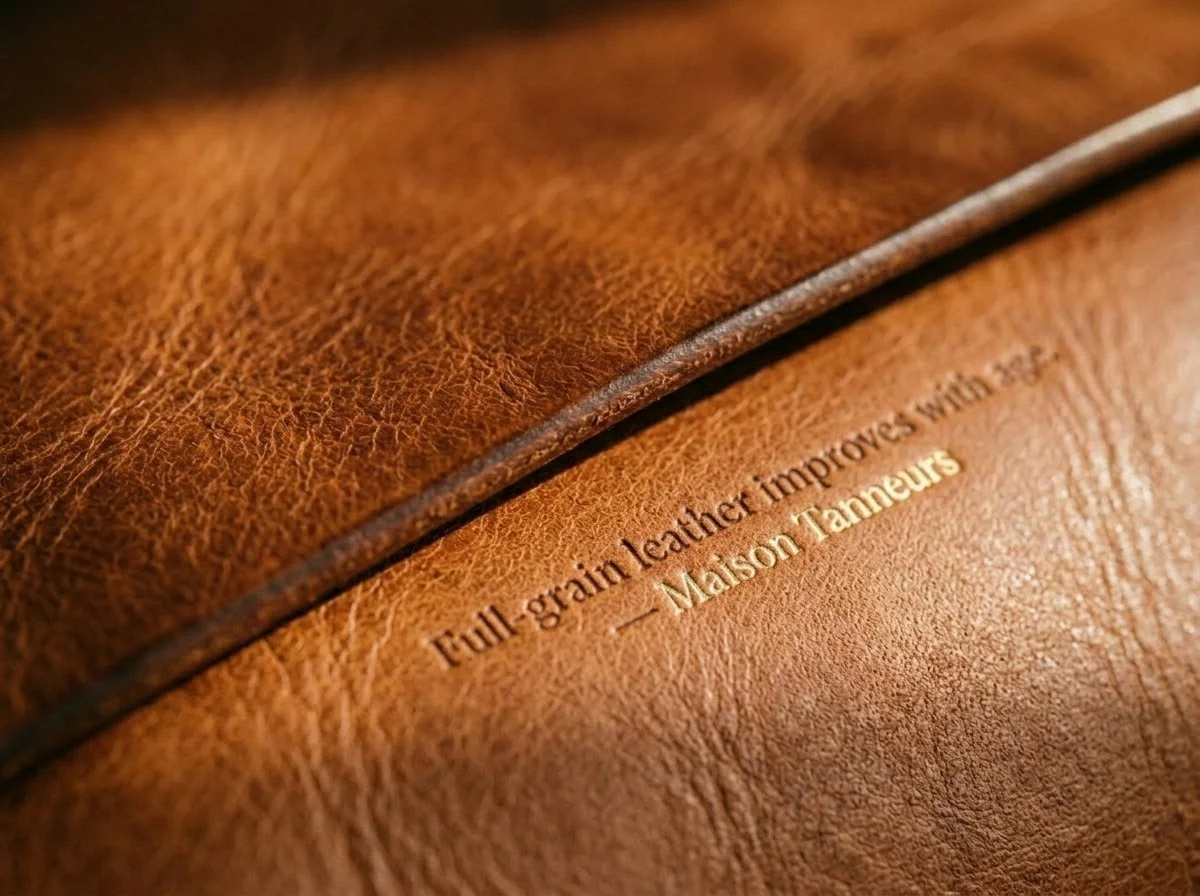 Full-grain cognac leather with the maker's words pressed blind into the hide: Full-grain leather improves with age — Maison Tanneurs