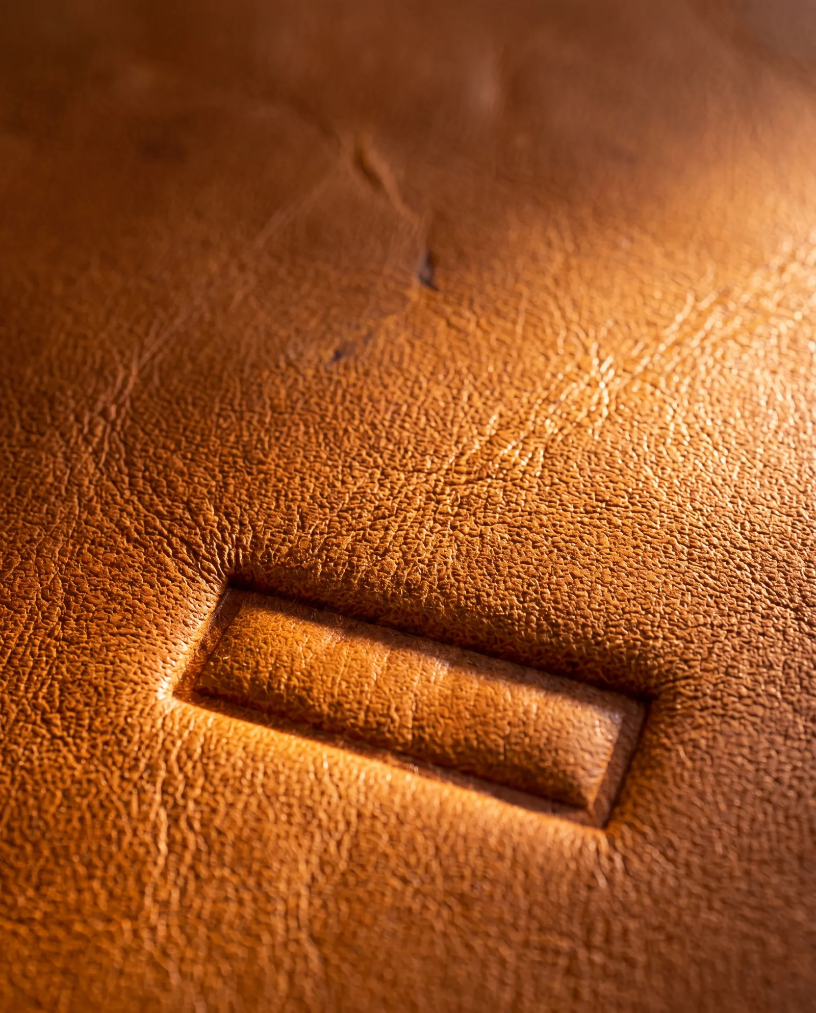 Raking morning light across full-grain cognac leather, the maker's stamp pressed blind into the hide