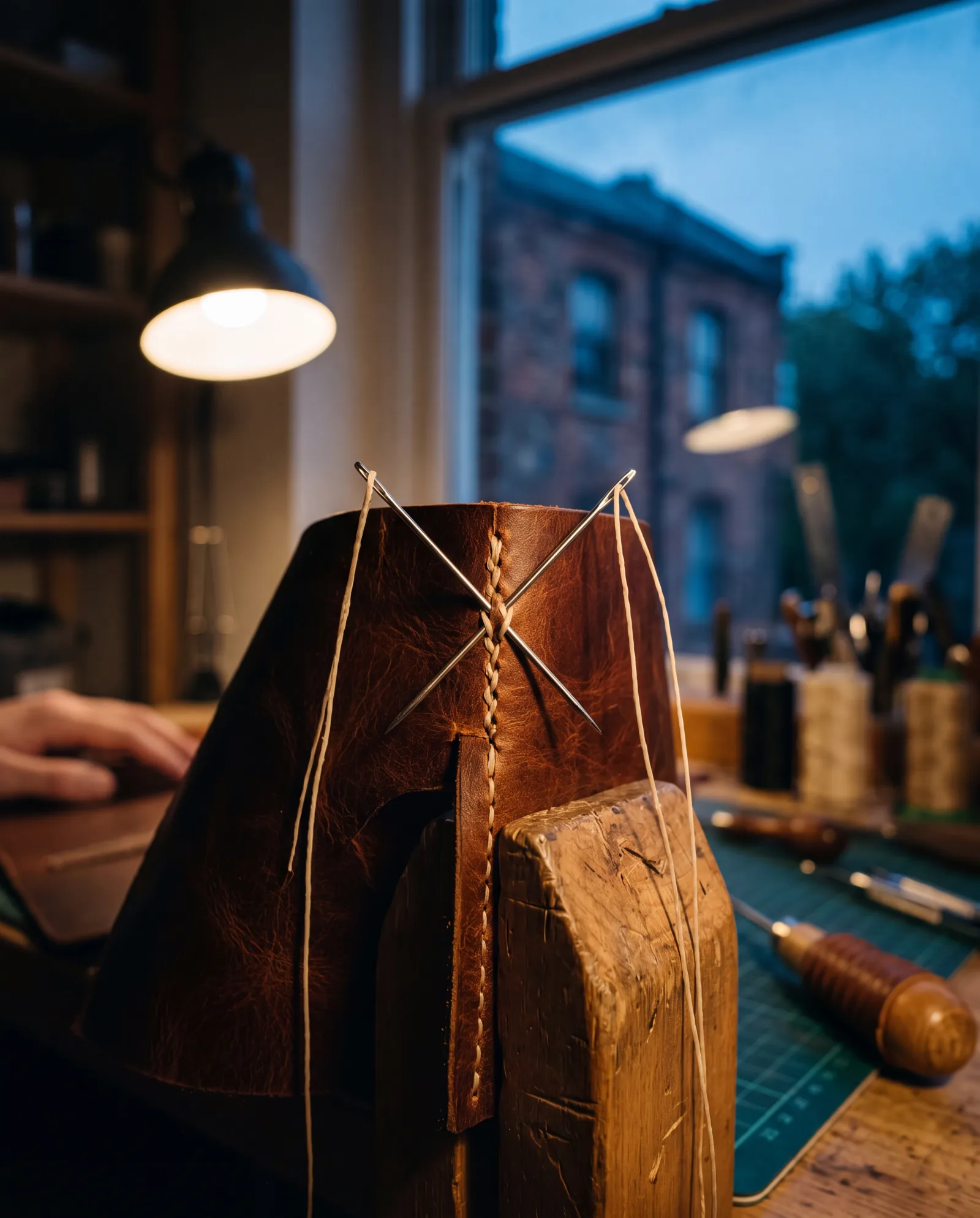 A saddle stitch mid-cross at dusk — two needles, one waxed linen thread, lamplight on the bench