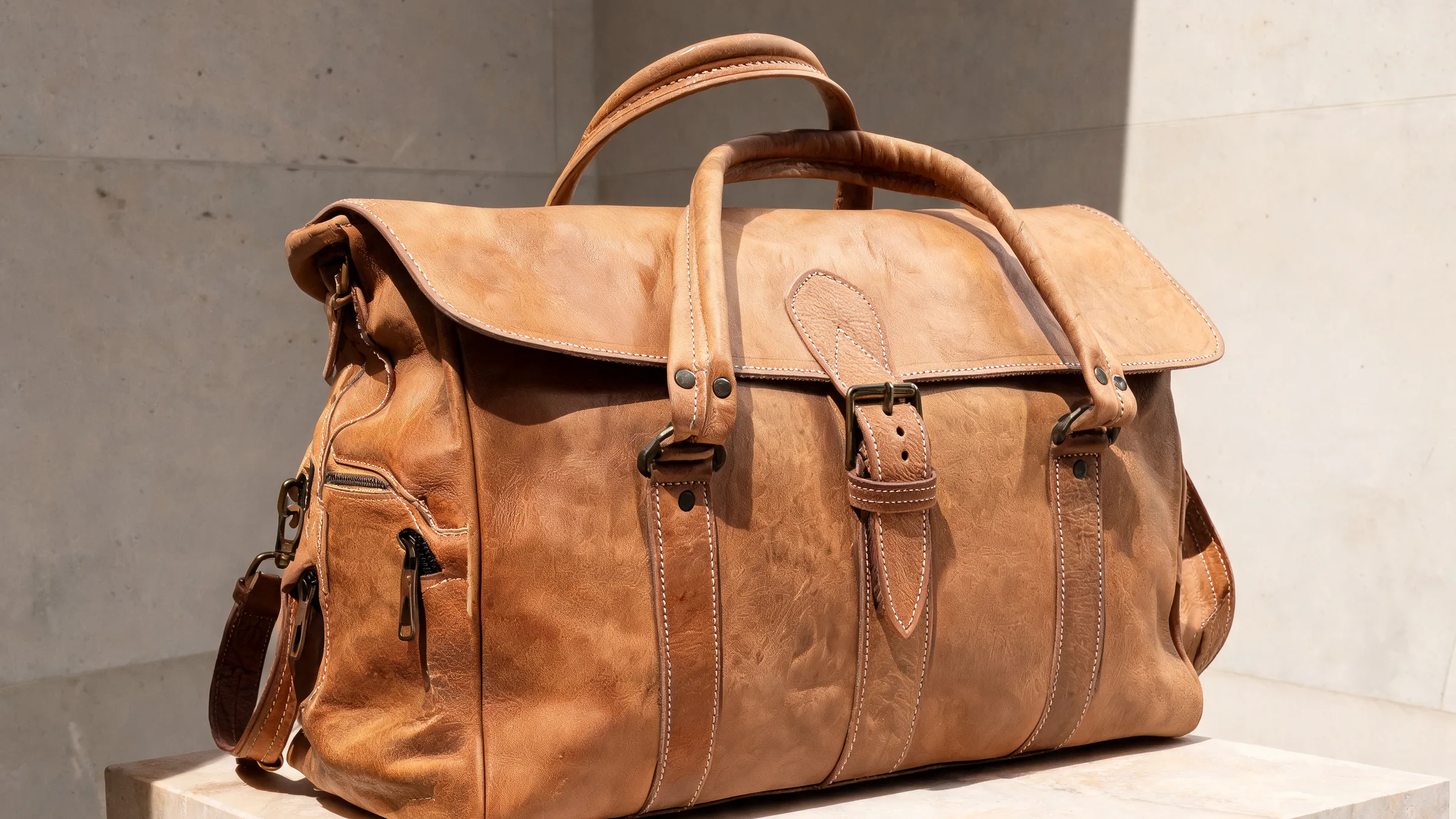A natural-tan leather holdall from the collection on a travertine plinth in raking sunlight
