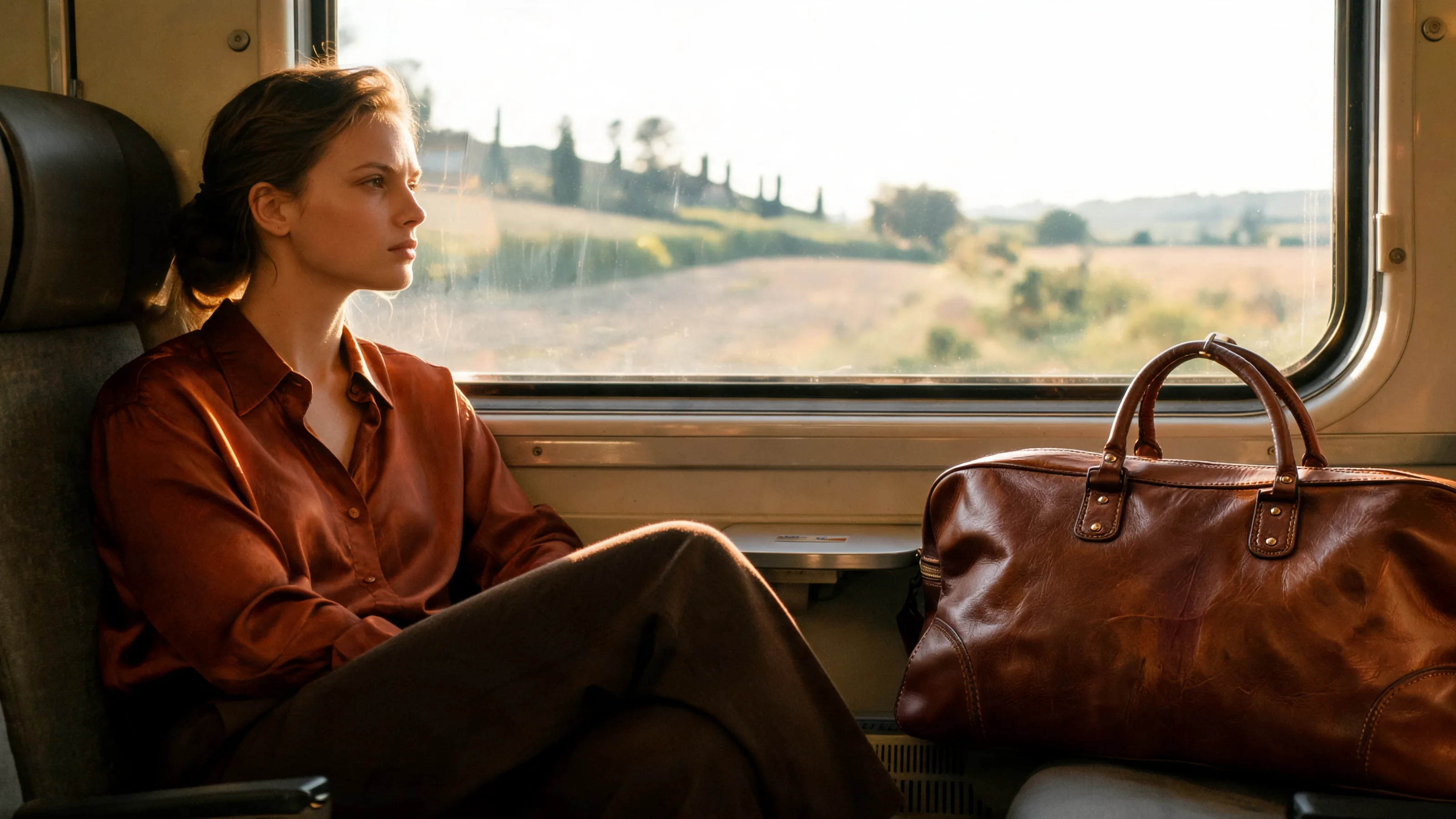 A traveller in a burnt-terracotta silk shirt seated in a train compartment, a cognac leather duffle on the seat opposite, Tuscan hills in the window