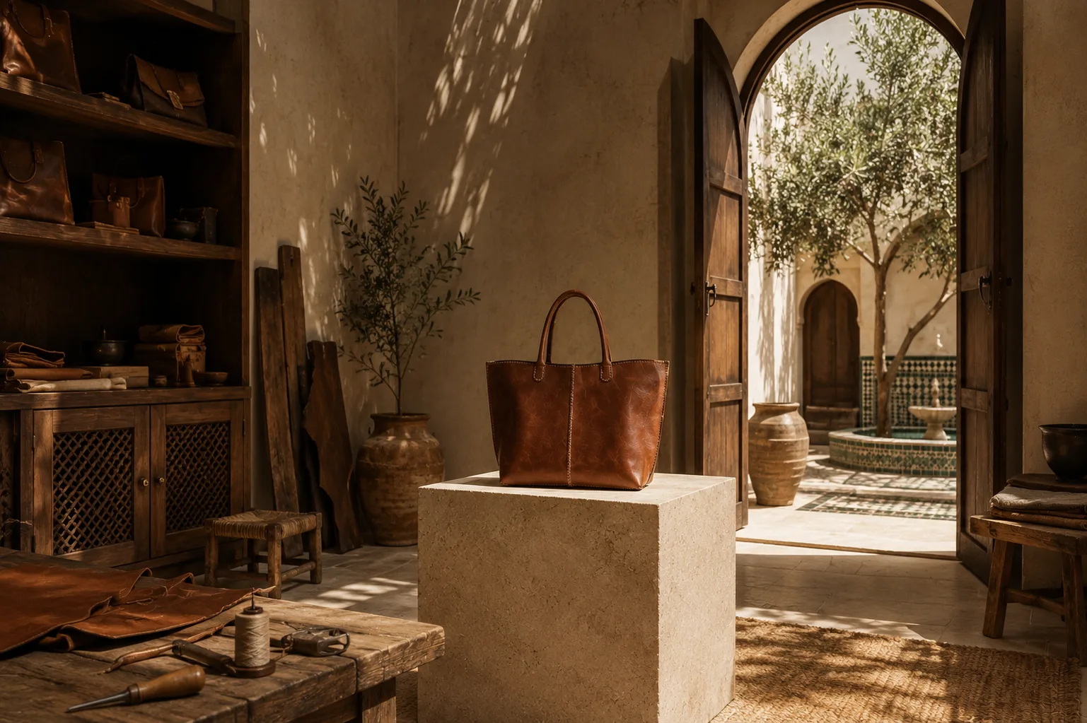 A boutique interior — the collection presented on pale stone shelving