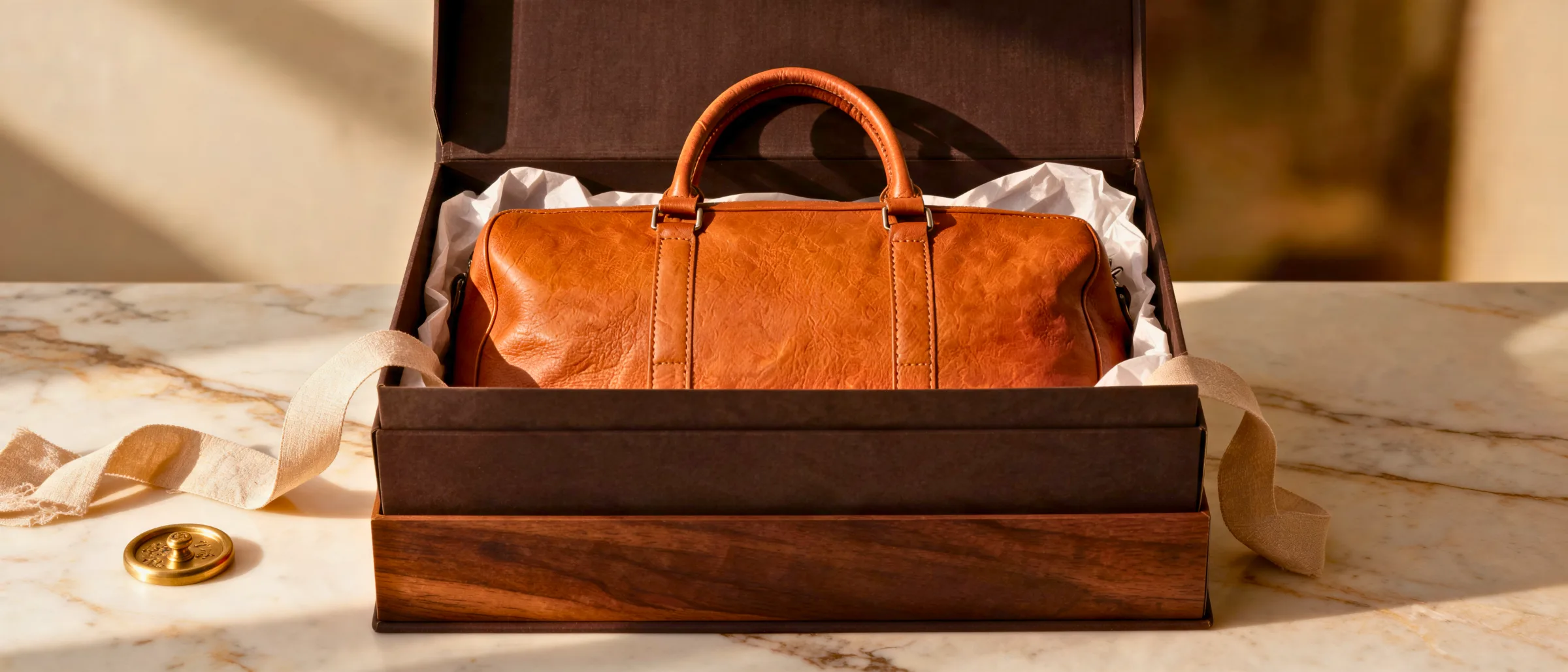 A cognac duffle in a walnut presentation box on sunlit marble
