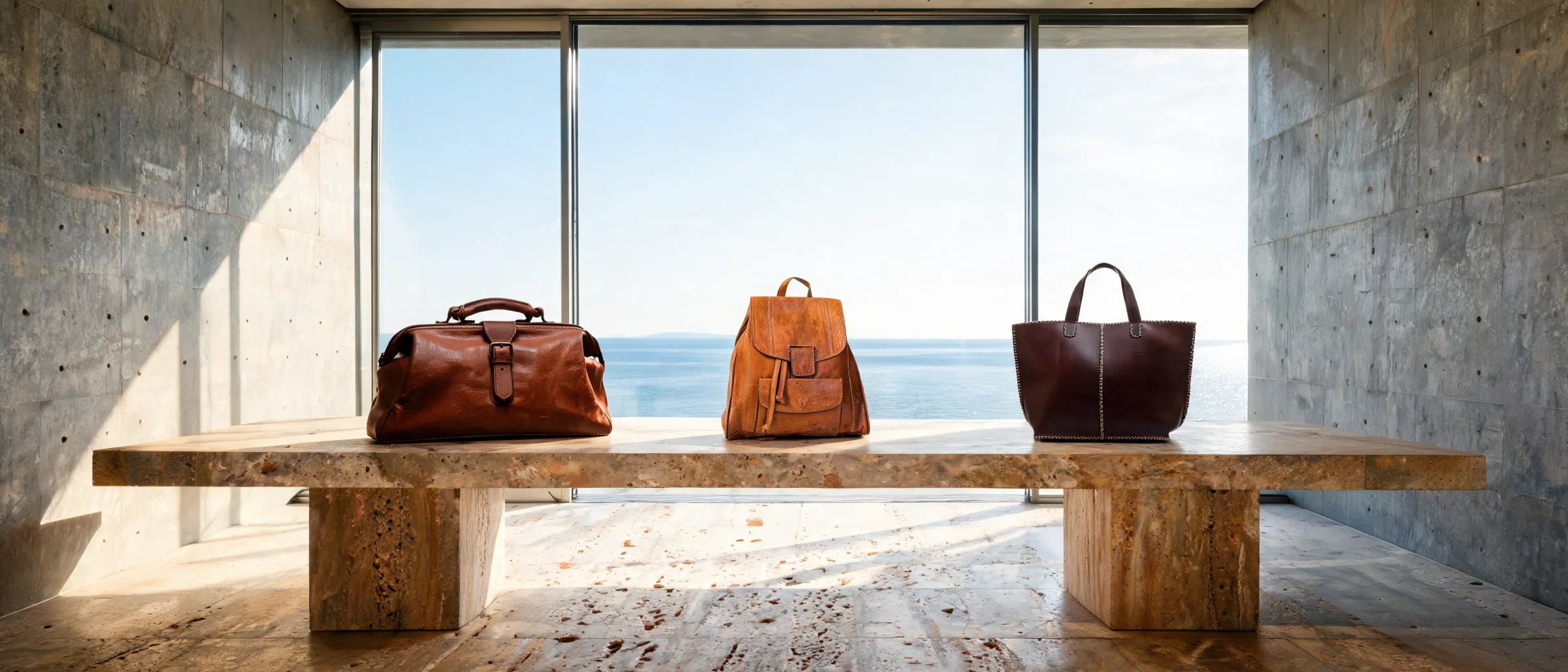 A travel range — duffle, rucksack and tote — on a stone bench in a sea-view room